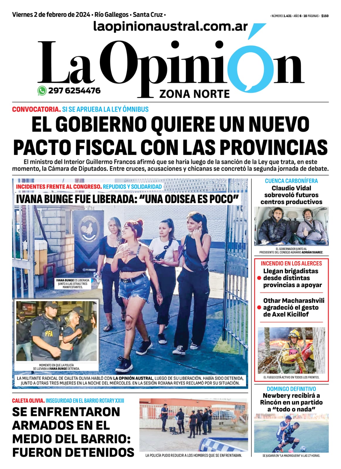 Diario La Opinión Zona Norte tapa edición impresa del viernes 2 de febrero de 2024, Caleta Olivia, Santa Cruz, Argentina Diario La Opinión Zona Norte tapa edición impresa del viernes 2 de febrero de 2024, Caleta Olivia, Santa Cruz, Argentina