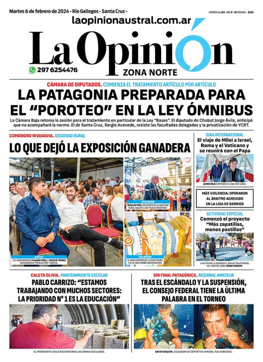 Diario La Opinión Zona Norte tapa edición impresa del martes 6 de febrero de 2024, Caleta Olivia, Santa Cruz, Argentina