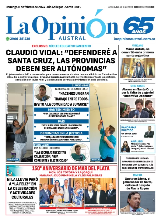 Diario La Opinión Austral tapa edición impresa del domingo 11 de febrero de 2024, Río Gallegos, Santa Cruz, Argentina