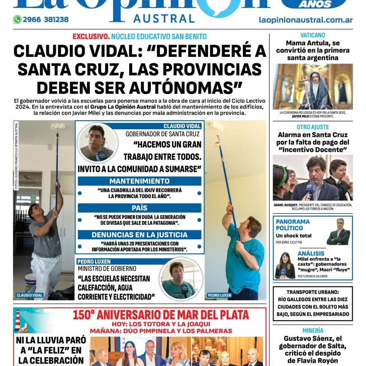 Diario La Opinión Austral tapa edición impresa del domingo 11 de febrero de 2024, Río Gallegos, Santa Cruz, Argentina