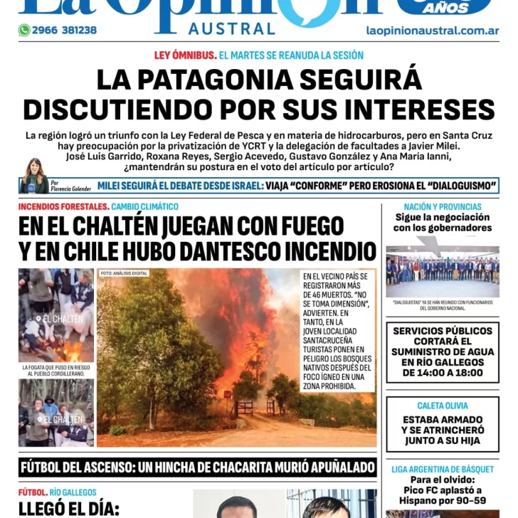 Diario La Opinión Austral tapa edición impresa del domingo 4 de febrero de 2024, Río Gallegos, Santa Cruz, Argentina