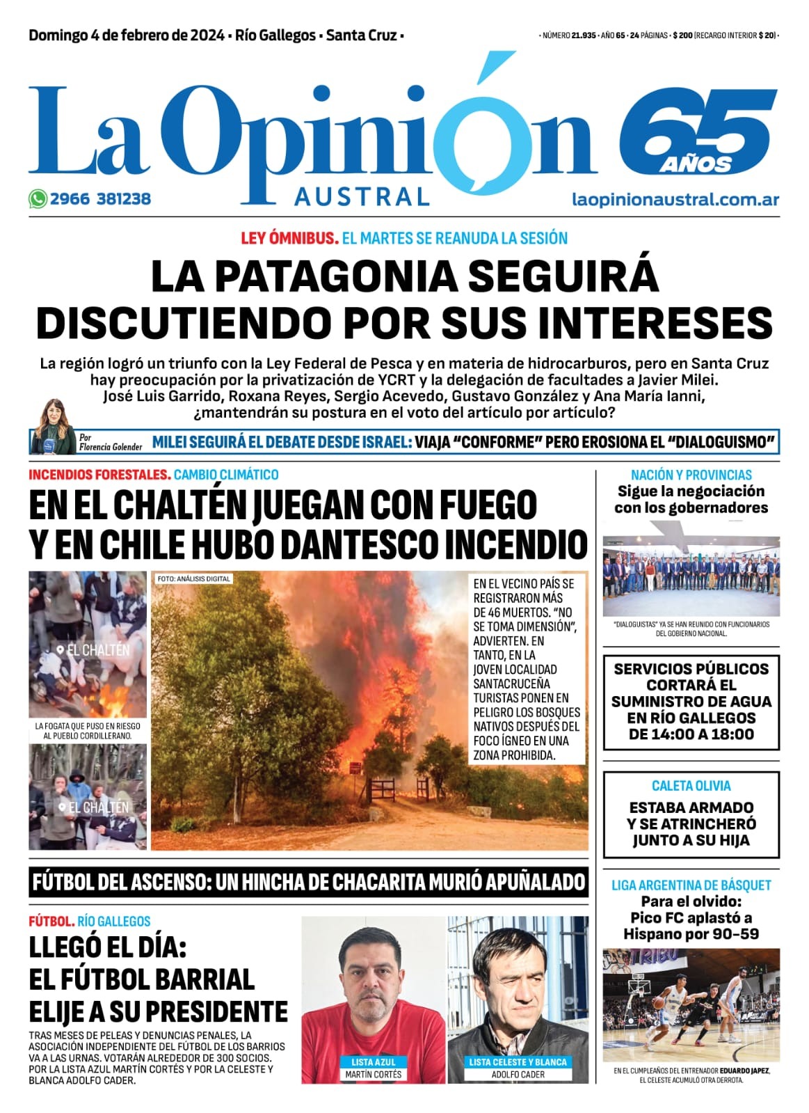 Diario La Opinión Austral tapa edición impresa del domingo 4 de febrero de 2024, Río Gallegos, Santa Cruz, Argentina