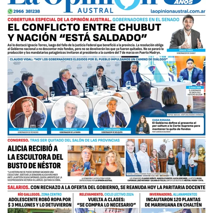 Diario La Opinión Austral tapa edición impresa del miércoles 28 de febrero de 2024, Río Gallegos, Santa Cruz, Argentina