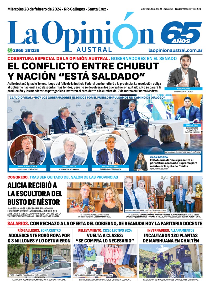 Diario La Opinión Austral tapa edición impresa del miércoles 28 de febrero de 2024, Río Gallegos, Santa Cruz, Argentina