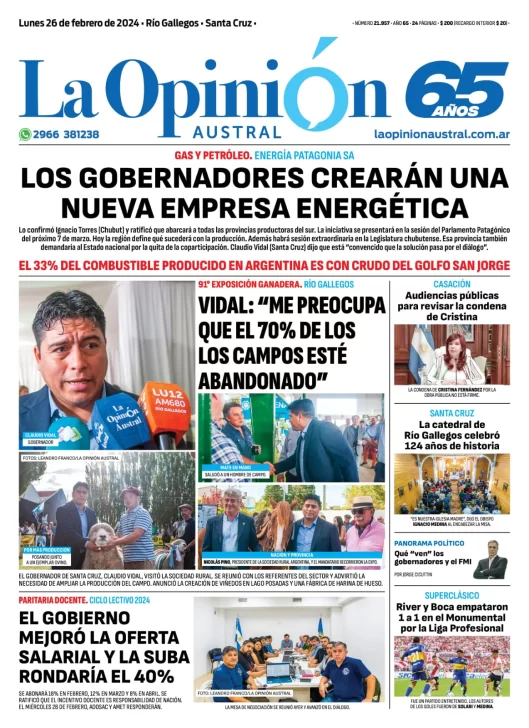 Diario La Opinión Austral tapa edición impresa del lunes 26 de febrero de 2024, Río Gallegos, Santa Cruz, Argentina