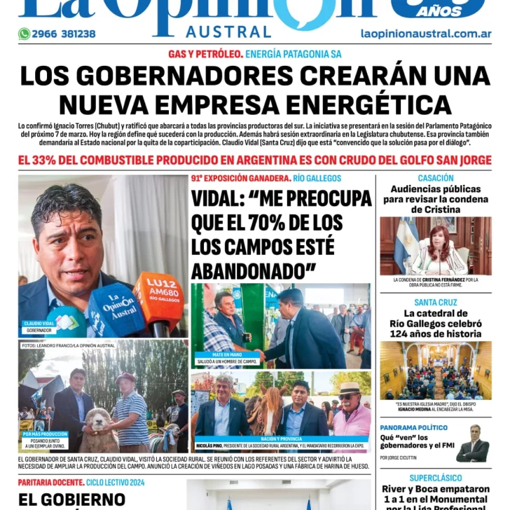 Diario La Opinión Austral tapa edición impresa del lunes 26 de febrero de 2024, Río Gallegos, Santa Cruz, Argentina