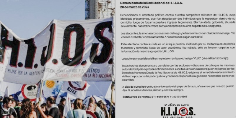 H.I.J.O.S denunció brutal ataque a una militante de Santa Cruz