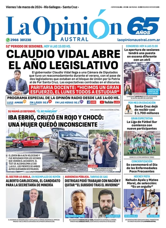 Diario La Opinión Austral tapa edición impresa del viernes 1 de marzo de 2024, Río Gallegos, Santa Cruz, Argentina