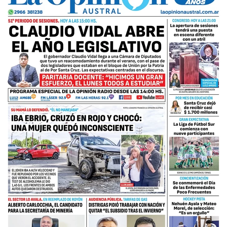 Diario La Opinión Austral tapa edición impresa del viernes 1 de marzo de 2024, Río Gallegos, Santa Cruz, Argentina