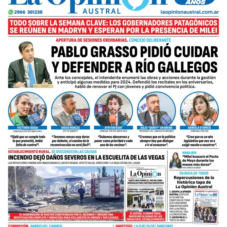 Diario La Opinión Austral tapa edición impresa del domingo 3 de marzo de 2024, Río Gallegos, Santa Cruz, Argentina