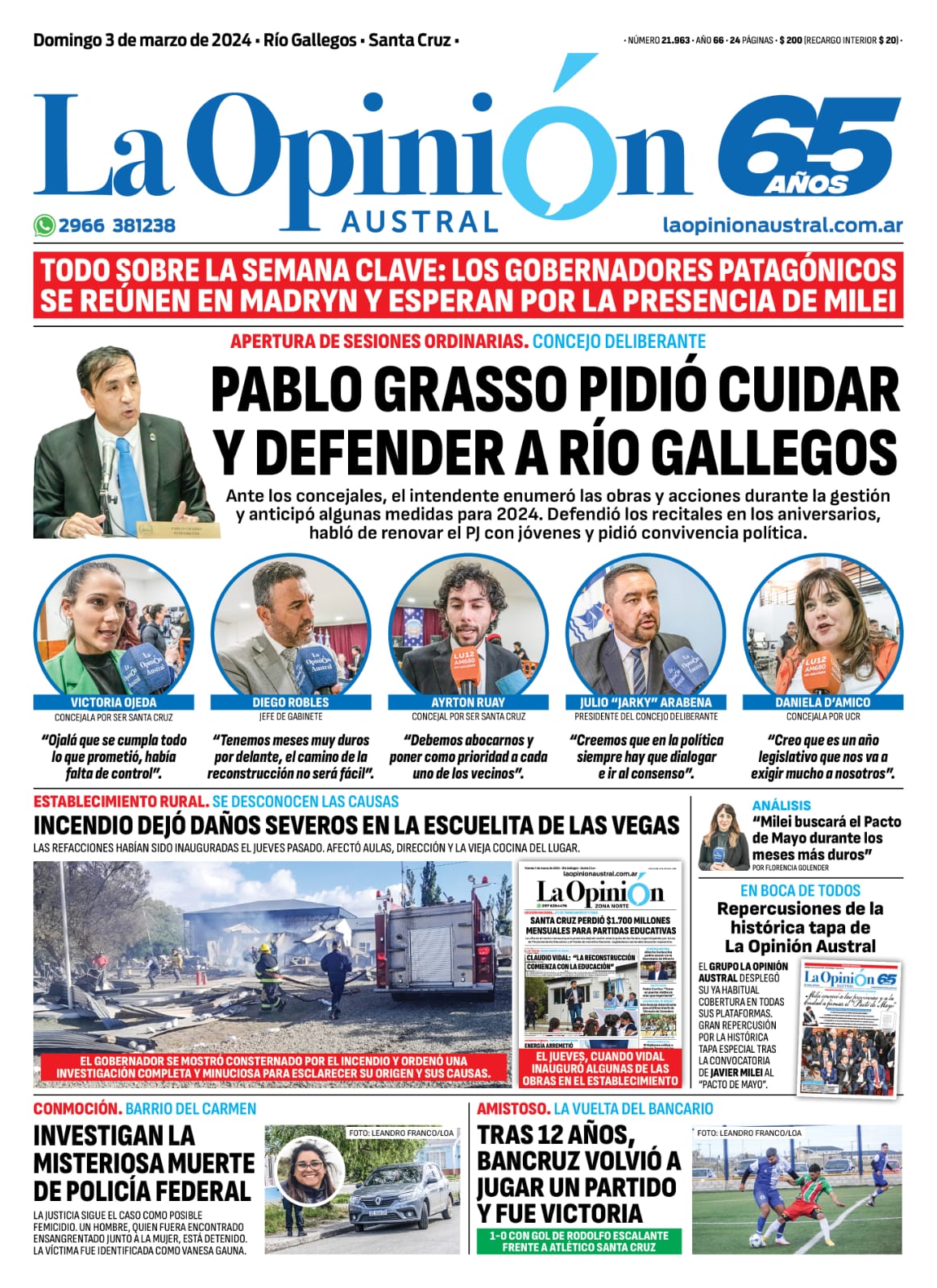 Diario La Opinión Austral tapa edición impresa del domingo 3 de marzo de 2024, Río Gallegos, Santa Cruz, Argentina