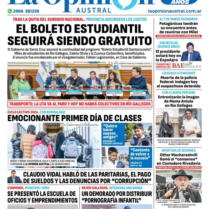 Diario La Opinión Austral tapa edición impresa del martes 5 de marzo de 2024, Río Gallegos, Santa Cruz, Argentina