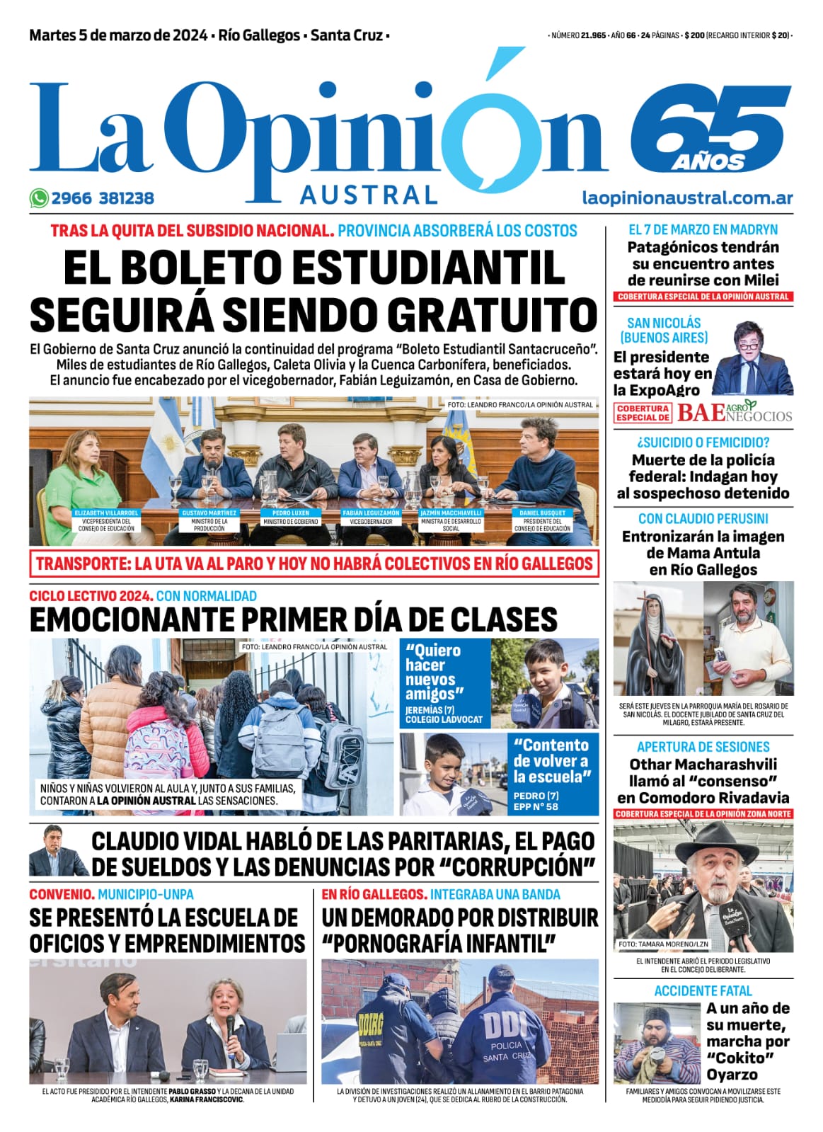 Diario La Opinión Austral tapa edición impresa del martes 5 de marzo de 2024, Río Gallegos, Santa Cruz, Argentina