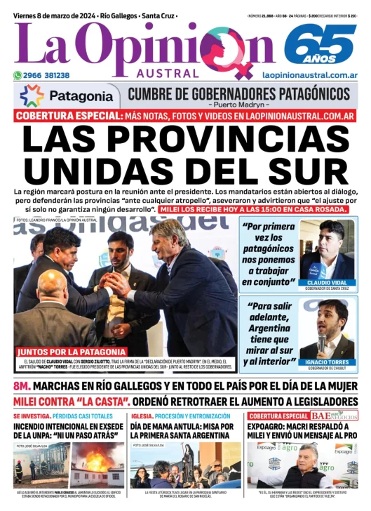 Diario La Opinión Austral tapa edición impresa del viernes 8 de marzo de 2024, Río Gallegos, Santa Cruz, Argentina