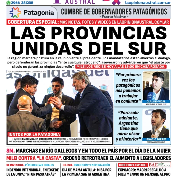 Diario La Opinión Austral tapa edición impresa del viernes 8 de marzo de 2024, Río Gallegos, Santa Cruz, Argentina