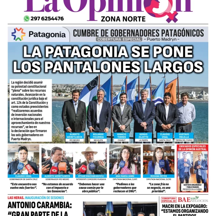 Diario La Opinión Zona Norte tapa edición impresa del viernes 8 de marzo de 2024, Caleta Olivia, Santa Cruz, Argentina Diario La Opinión Zona Norte tapa edición impresa del viernes 8 de marzo de 2024, Caleta Olivia, Santa Cruz, Argentina