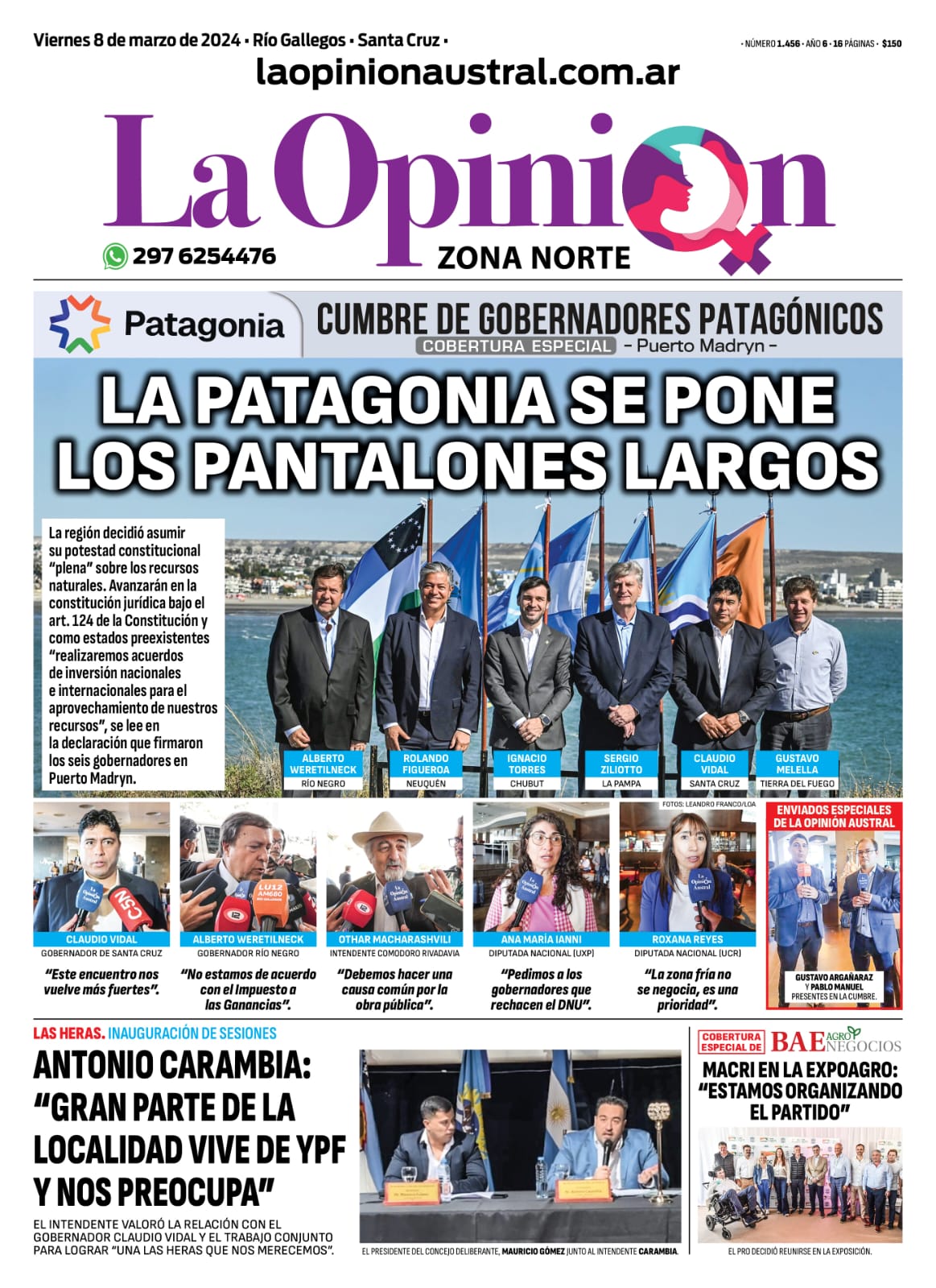 Diario La Opinión Zona Norte tapa edición impresa del viernes 8 de marzo de 2024, Caleta Olivia, Santa Cruz, Argentina Diario La Opinión Zona Norte tapa edición impresa del viernes 8 de marzo de 2024, Caleta Olivia, Santa Cruz, Argentina