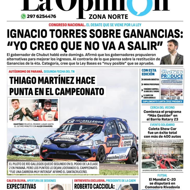 Diario La Opinión Zona Norte tapa edición impresa del lunes 11 de marzo de 2024, Caleta Olivia, Santa Cruz, Argentina Diario La Opinión Zona Norte tapa edición impresa del lunes 11 de marzo de 2024, Caleta Olivia, Santa Cruz, Argentina