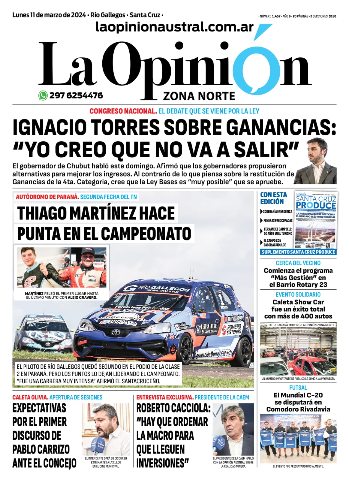 Diario La Opinión Zona Norte tapa edición impresa del lunes 11 de marzo de 2024, Caleta Olivia, Santa Cruz, Argentina Diario La Opinión Zona Norte tapa edición impresa del lunes 11 de marzo de 2024, Caleta Olivia, Santa Cruz, Argentina