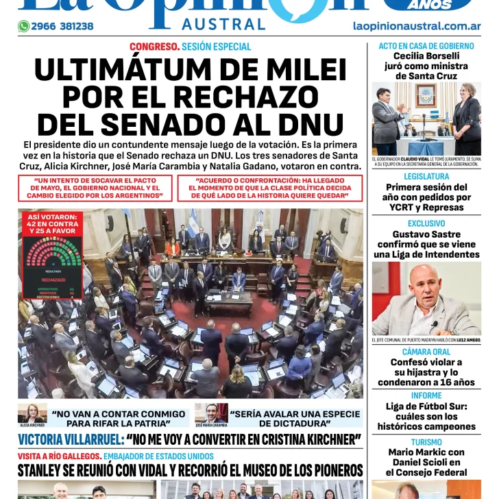 Diario La Opinión Austral tapa edición impresa del viernes 15 de marzo de 2024, Río Gallegos, Santa Cruz, Argentina