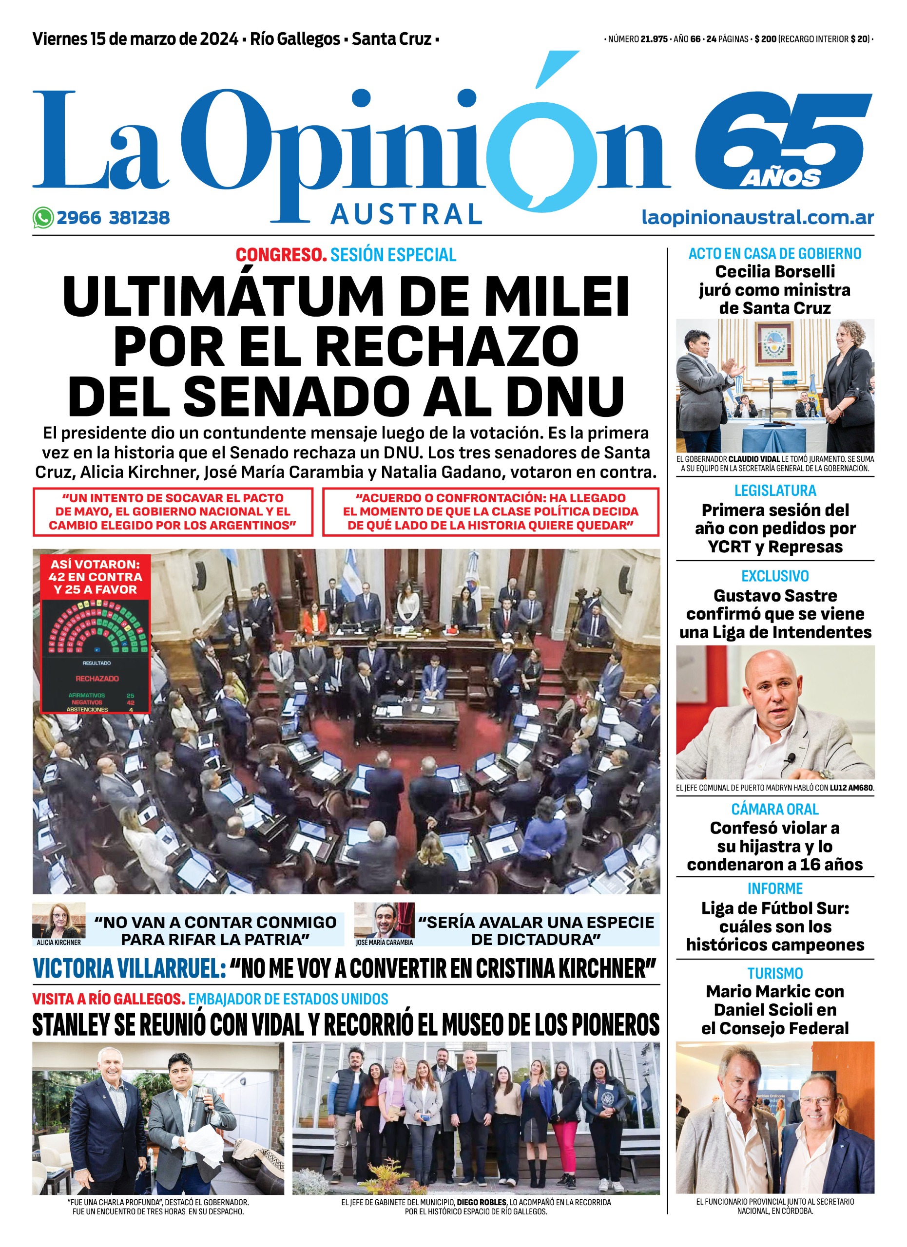 Diario La Opinión Austral tapa edición impresa del viernes 15 de marzo de 2024, Río Gallegos, Santa Cruz, Argentina