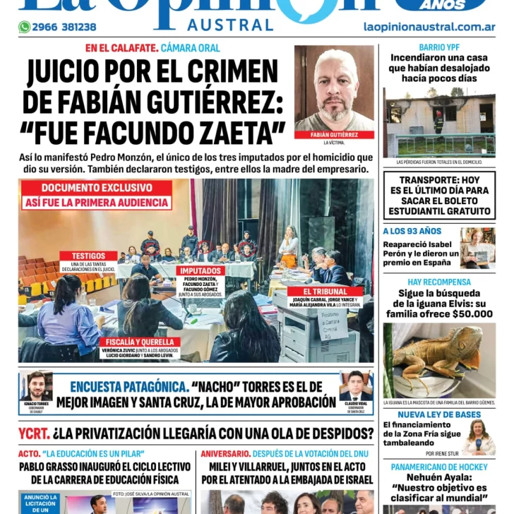 Diario La Opinión Austral tapa edición impresa del martes 19 de marzo de 2024, Río Gallegos, Santa Cruz, Argentina