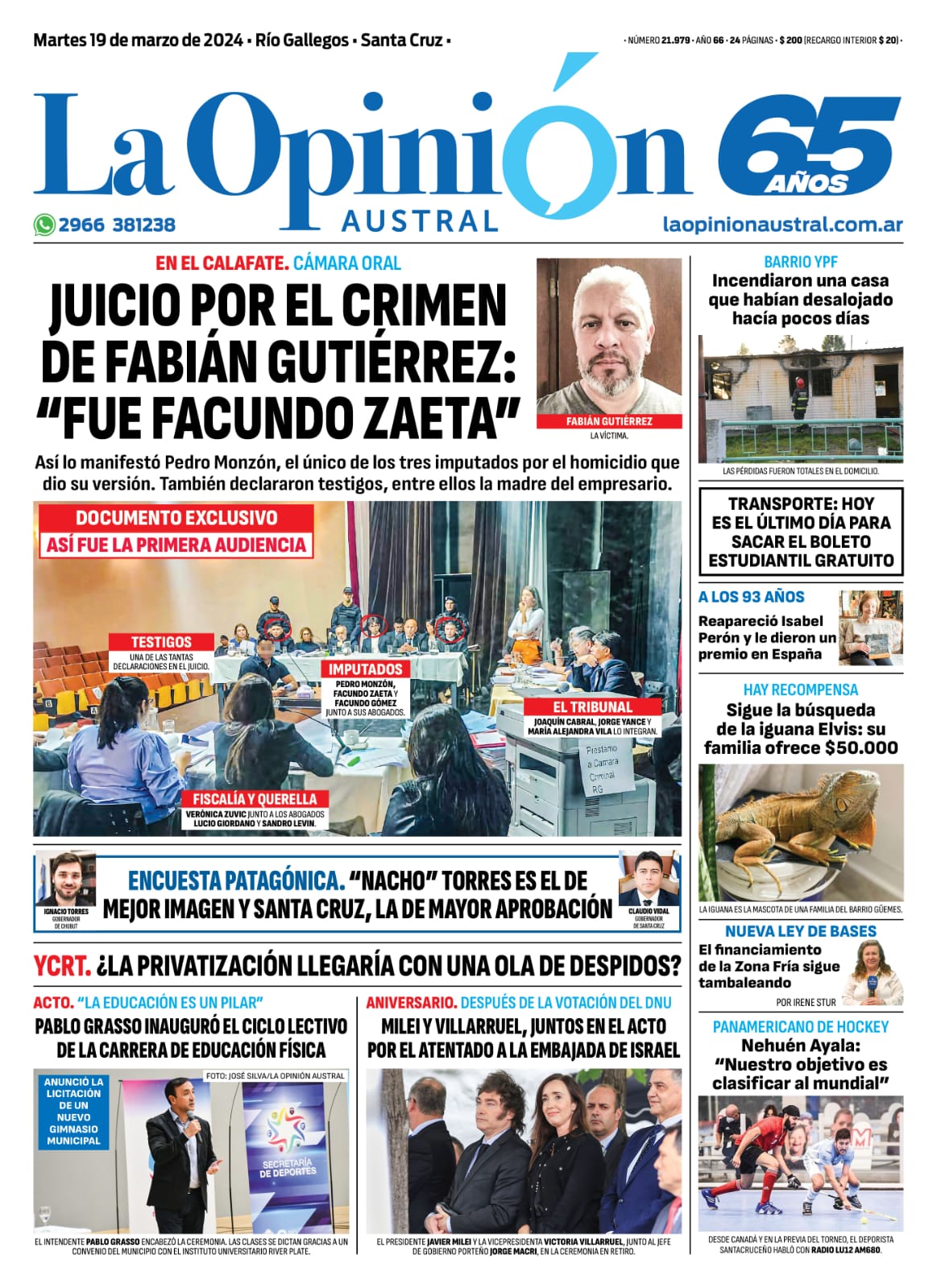 Diario La Opinión Austral tapa edición impresa del martes 19 de marzo de 2024, Río Gallegos, Santa Cruz, Argentina