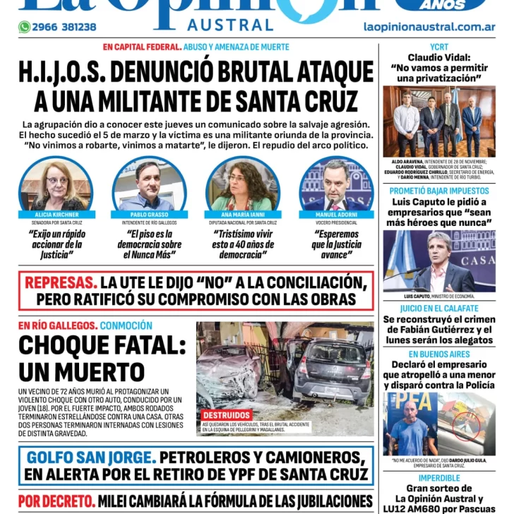 Diario La Opinión Austral tapa edición impresa del viernes 22 de marzo de 2024, Río Gallegos, Santa Cruz, Argentina