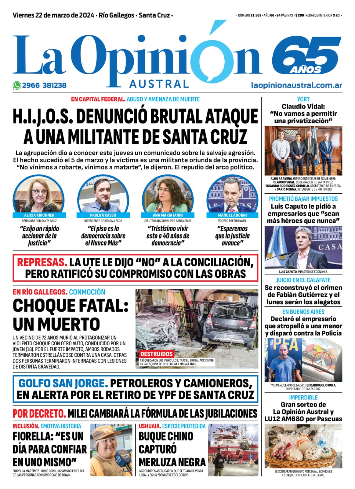 Diario La Opinión Austral tapa edición impresa del viernes 22 de marzo de 2024, Río Gallegos, Santa Cruz, Argentina