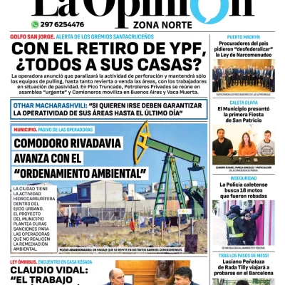 Diario La Opinión Zona Norte tapa edición impresa del viernes 22 de marzo de 2024, Caleta Olivia, Santa Cruz, Argentina