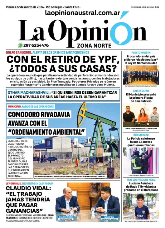 Diario La Opinión Zona Norte tapa edición impresa del viernes 22 de marzo de 2024, Caleta Olivia, Santa Cruz, Argentina