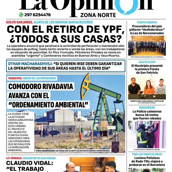 Diario La Opinión Zona Norte tapa edición impresa del viernes 22 de marzo de 2024, Caleta Olivia, Santa Cruz, Argentina Diario La Opinión Zona Norte tapa edición impresa del viernes 22 de marzo de 2024, Caleta Olivia, Santa Cruz, Argentina