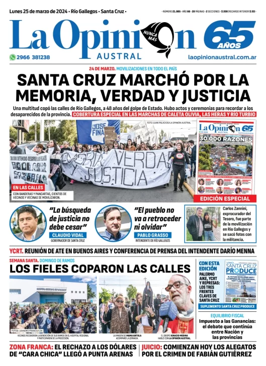 Diario La Opinión Austral tapa edición impresa del lunes 25 de marzo de 2024, Río Gallegos, Santa Cruz, Argentina