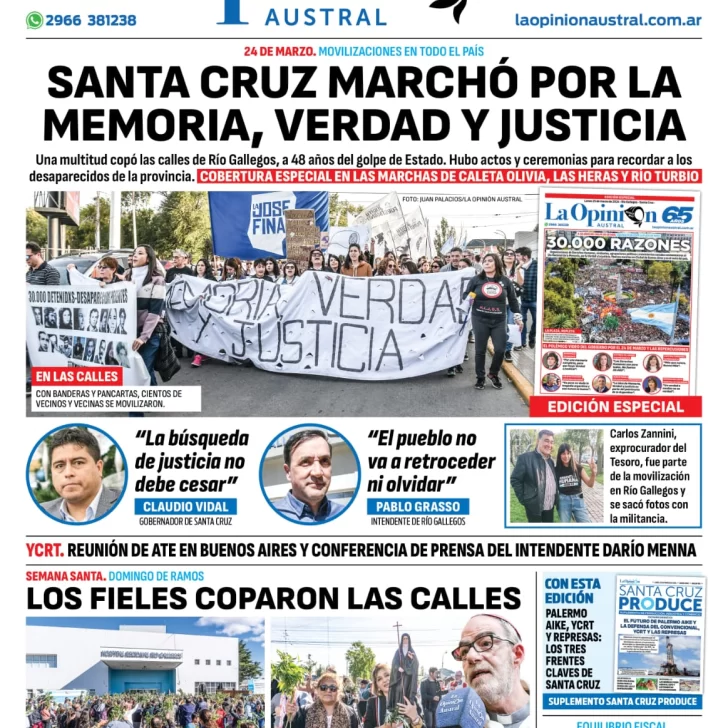 Diario La Opinión Austral tapa edición impresa del lunes 25 de marzo de 2024, Río Gallegos, Santa Cruz, Argentina