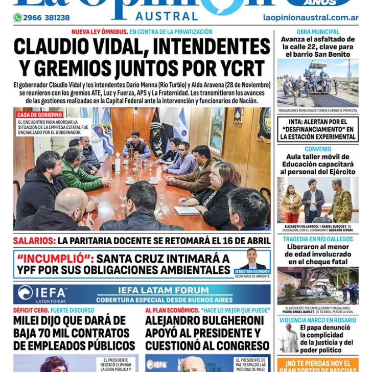 Diario La Opinión Austral tapa edición impresa del miércoles 27 de marzo de 2024, Río Gallegos, Santa Cruz, Argentina