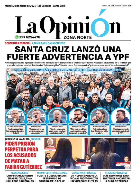Diario La Opinión Zona Norte tapa edición impresa del martes 26 de marzo de 2024, Caleta Olivia, Santa Cruz, Argentina