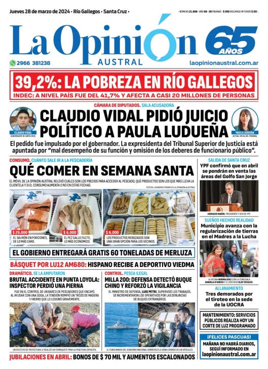 Diario La Opinión Austral tapa edición impresa del jueves 28 de marzo de 2024, Río Gallegos, Santa Cruz, Argentina