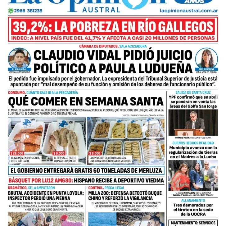 Diario La Opinión Austral tapa edición impresa del jueves 28 de marzo de 2024, Río Gallegos, Santa Cruz, Argentina