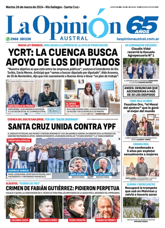 Diario La Opinión Austral tapa edición impresa del martes 26 de marzo de 2024, Río Gallegos, Santa Cruz, Argentina