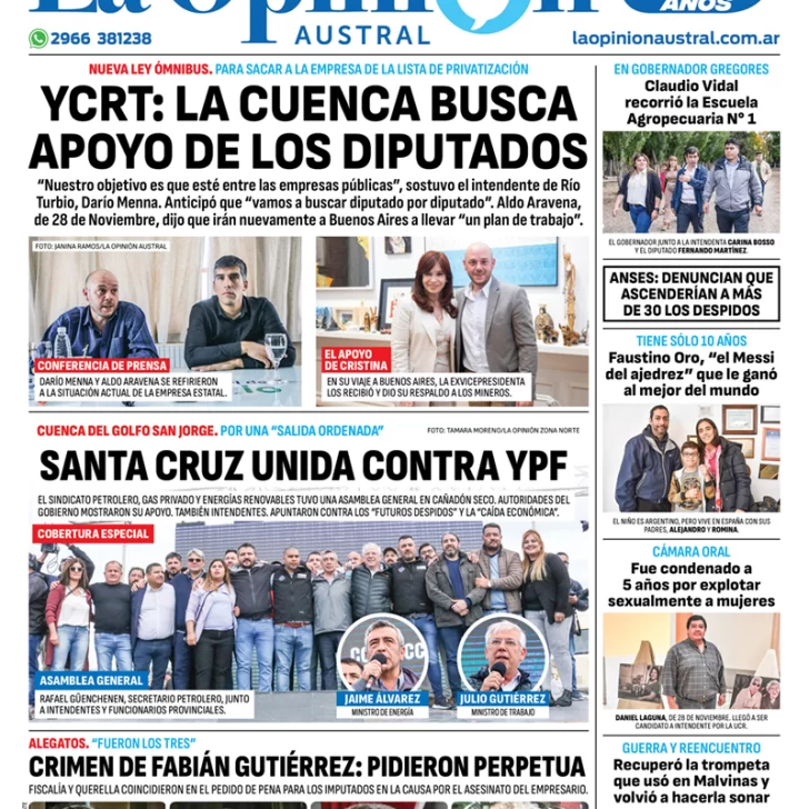 Diario La Opinión Austral tapa edición impresa del martes 26 de marzo de 2024, Río Gallegos, Santa Cruz, Argentina