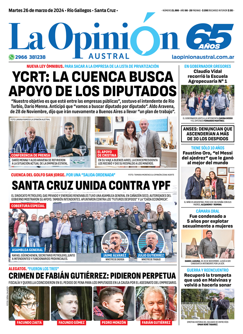 Diario La Opinión Austral tapa edición impresa del martes 26 de marzo de 2024, Río Gallegos, Santa Cruz, Argentina