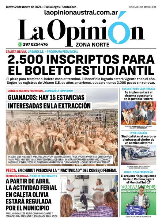 Diario La Opinión Zona Norte tapa edición impresa del jueves 21 de marzo de 2024, Caleta Olivia, Santa Cruz, Argentina