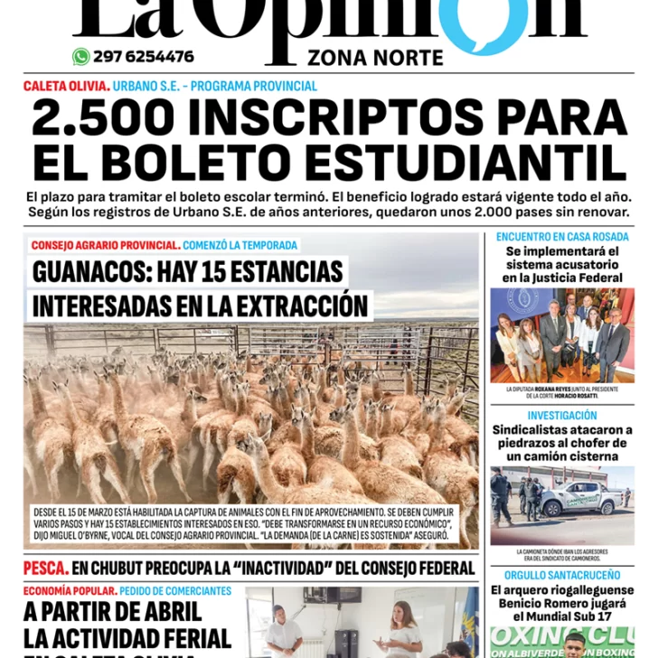 Diario La Opinión Zona Norte tapa edición impresa del jueves 21 de marzo de 2024, Caleta Olivia, Santa Cruz, Argentina Diario La Opinión Zona Norte tapa edición impresa del jueves 21 de marzo de 2024, Caleta Olivia, Santa Cruz, Argentina