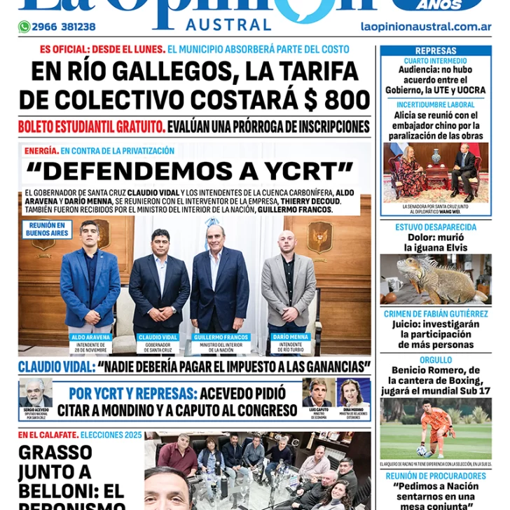 Diario La Opinión Austral tapa edición impresa del jueves 21 de marzo de 2024, Río Gallegos, Santa Cruz, Argentina