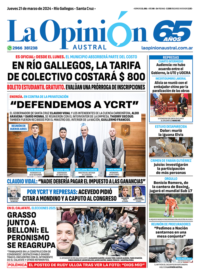 Diario La Opinión Austral tapa edición impresa del jueves 21 de marzo de 2024, Río Gallegos, Santa Cruz, Argentina