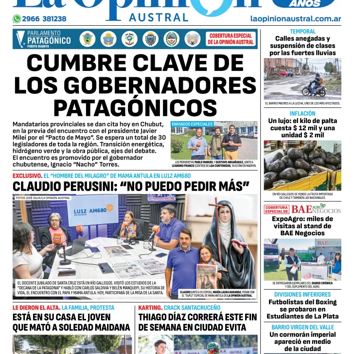 Diario La Opinión Austral tapa edición impresa del jueves 7 de marzo de 2024, Río Gallegos, Santa Cruz, Argentina