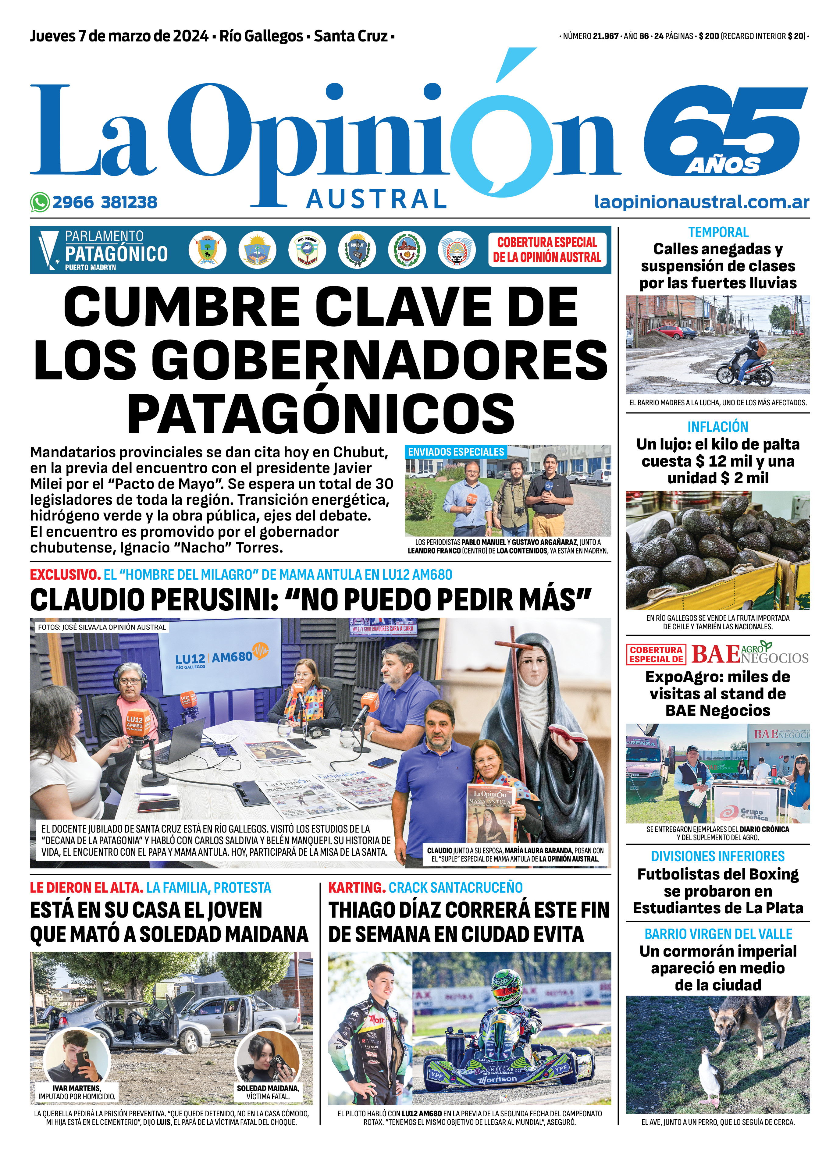 Diario La Opinión Austral tapa edición impresa del jueves 7 de marzo de 2024, Río Gallegos, Santa Cruz, Argentina