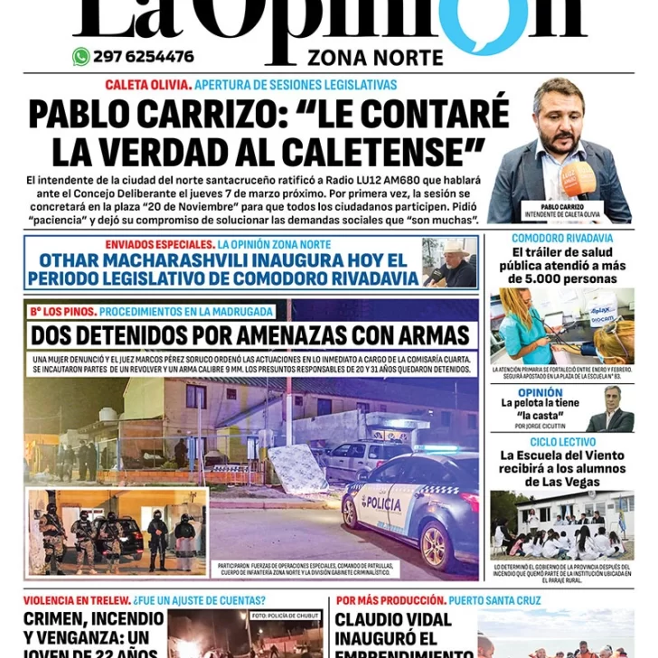 Diario La Opinión Zona Norte tapa edición impresa del lunes 4 de marzo de 2024, Caleta Olivia, Santa Cruz, Argentina Diario La Opinión Zona Norte tapa edición impresa del lunes 4 de marzo de 2024, Caleta Olivia, Santa Cruz, Argentina
