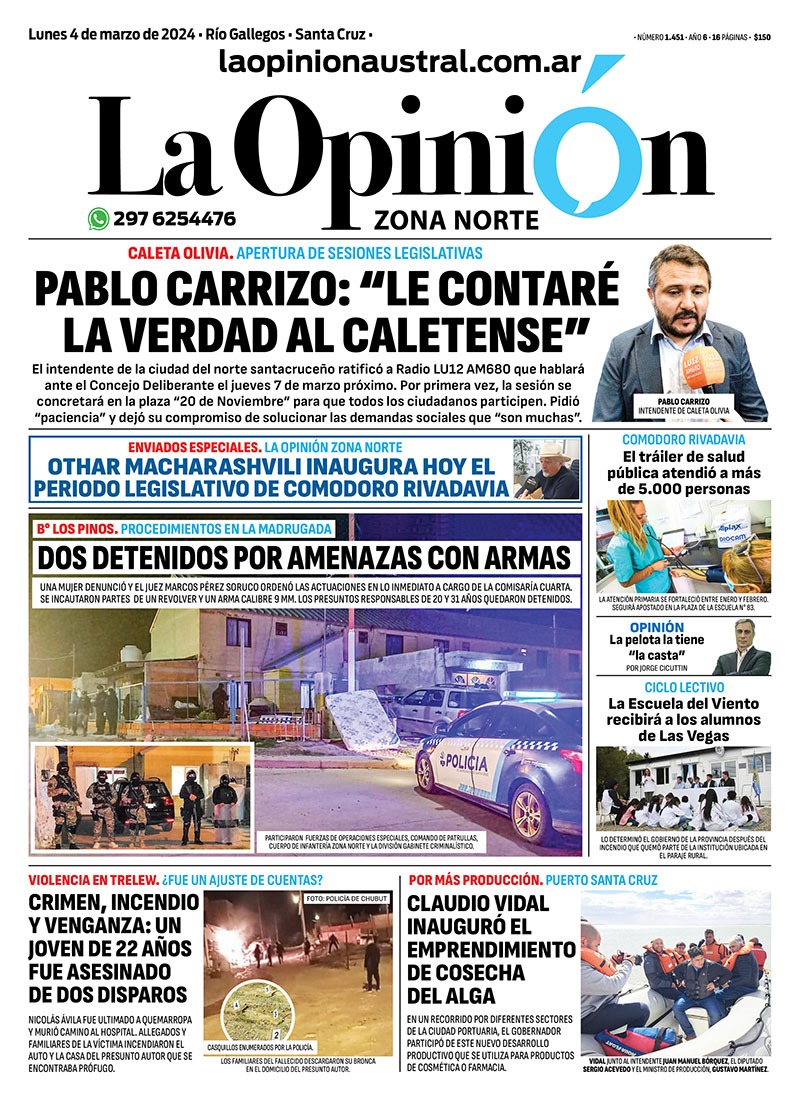 Diario La Opinión Zona Norte tapa edición impresa del lunes 4 de marzo de 2024, Caleta Olivia, Santa Cruz, Argentina Diario La Opinión Zona Norte tapa edición impresa del lunes 4 de marzo de 2024, Caleta Olivia, Santa Cruz, Argentina