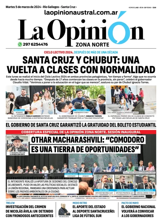 Diario La Opinión Zona Norte tapa edición impresa del martes 5 de marzo de 2024, Caleta Olivia, Santa Cruz, Argentina